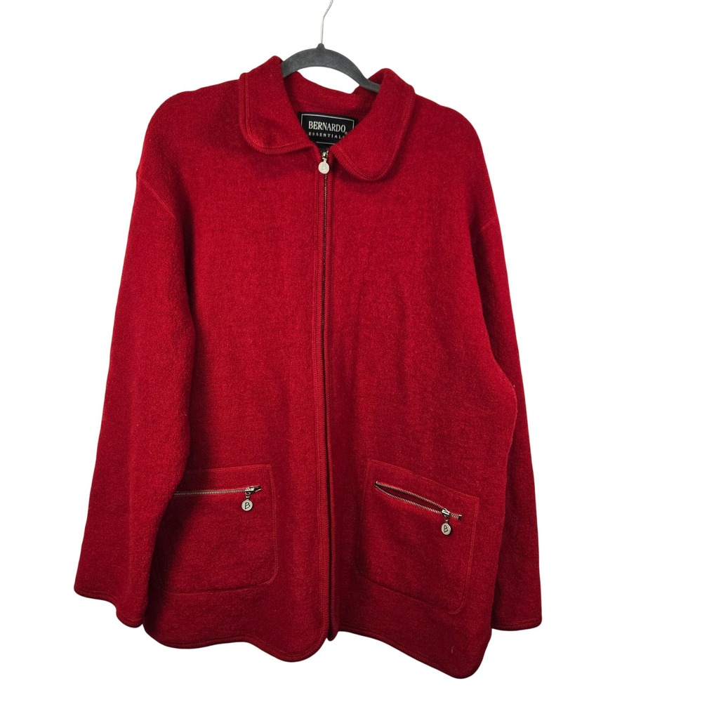 Bernardo Essentials Red 100% Wool Zip Front Jacket Womens XL Boiled Wool Coat